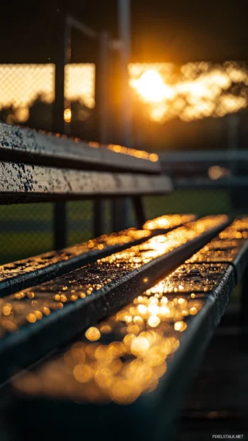 Sunset light falling through bleachers onto baseball gear.