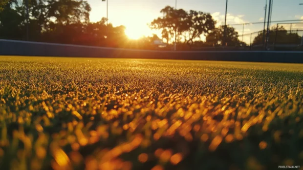 Sunset rays reflecting off base lines and turf, Baseball glove in sunset light.