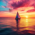 Sunset sailboat on ocean with colorful sky reflections.
