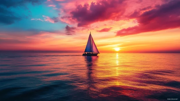 Sunset sailboat on ocean with colorful sky reflections.