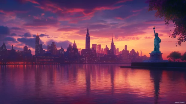 Sunset serene depiction, Manhattan skyline with Statue of Liberty in foreground.
