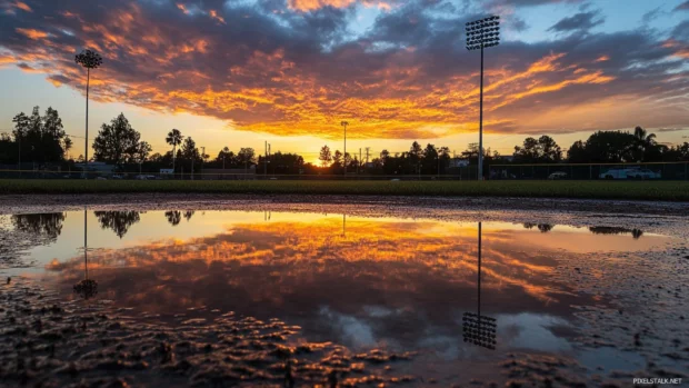 Sunset sky mirrored in puddles on the baseball field.