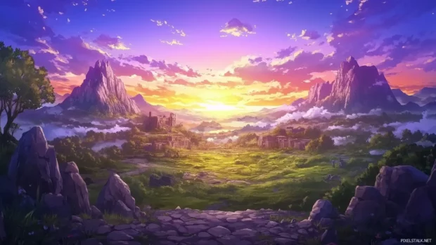Sunset vibrant Anime sky, rich colors blend into horizon.