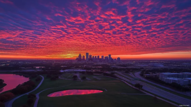 Sunset view of Dallas with a blend of historic and contemporary buildings.