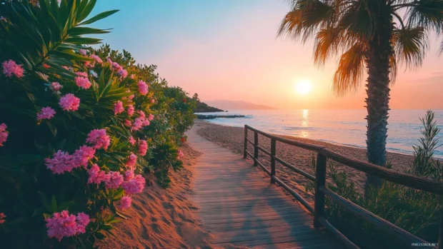 Sunset walkway to beach lined with palm trees and flowers.