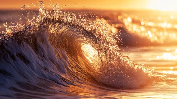 Sunset wave crashing on beach with glowing golden water.