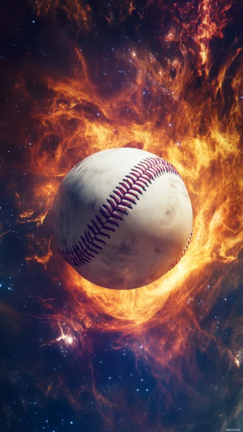 Surreal baseball floating in space, surrounded by cosmic dust and nebula colors, glowing with an ethereal aura.