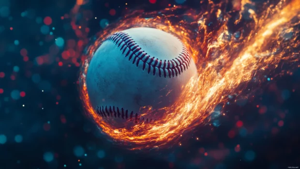 Surreal baseball scene with the ball leaving a trail of cosmic energy, blending sci fi and fantasy art styles.