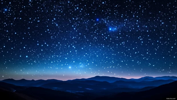 Surreal night sky, deep blues and purples, glowing orbs float among stars.