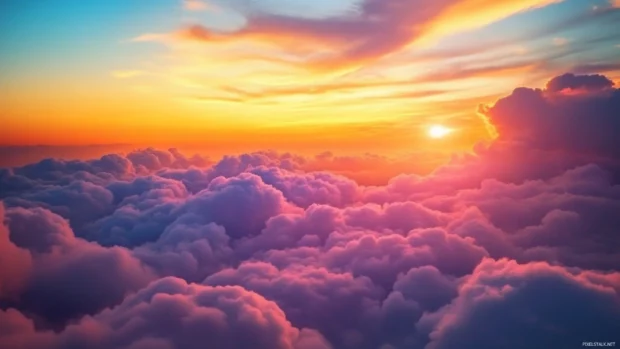 Surreal sunrise over layered clouds, blending orange, pink and blue shades, great Sunrise Desktop Wallpaper with Clouds.