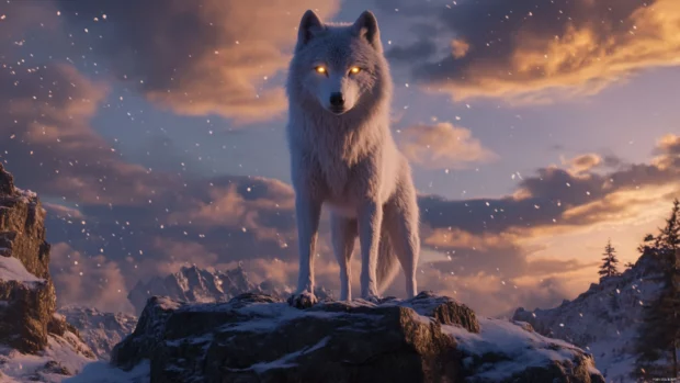 Surrounded by falling snow, a white wolf stands atop a cliff with glowing eyes.