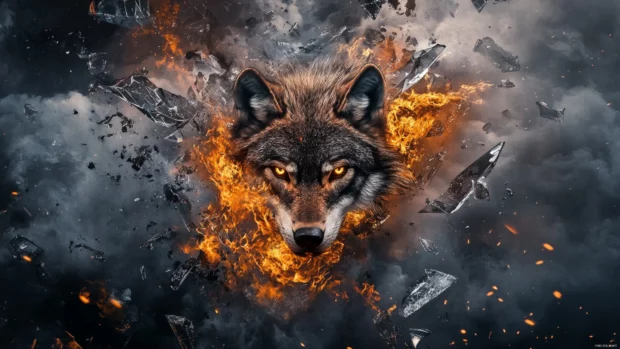 Surrounded by fire and smoke, a cyberpunk wolf bursts through shattered glass in this dynamic wolf background.