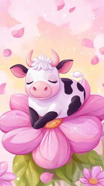 Sweet Kawaii Cow character where a cow is resting on a giant flower.