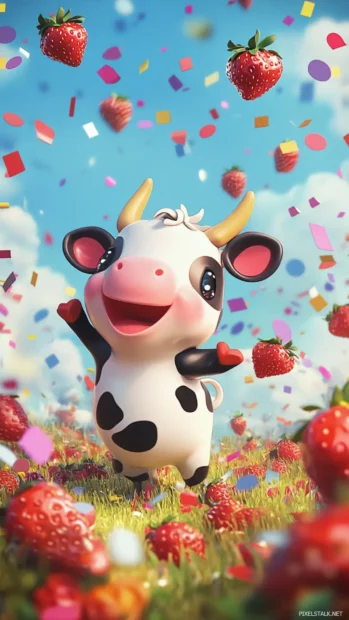 Sweet Kawaii Cow scenery with cow dancing in a field of confetti and strawberries.