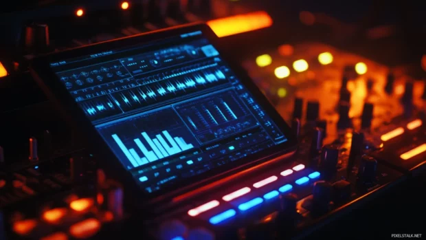 Tablet with virtual music synthesizer app glowing.