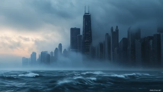 Tallest skyscrapers visible above mist, mysterious ethereal Chicago skyline.