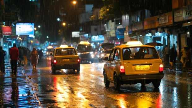 Taxi trails curve through quiet lanes of the bustling night city.