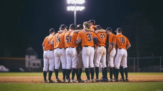 Team huddle on the pitchers mound before final inning in baseball match.