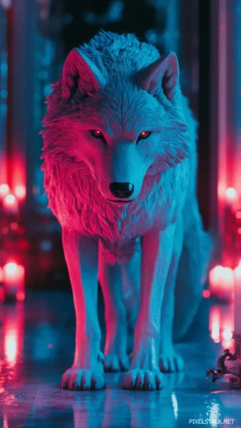 Temple corridor with blue wolf statue lit by candles.