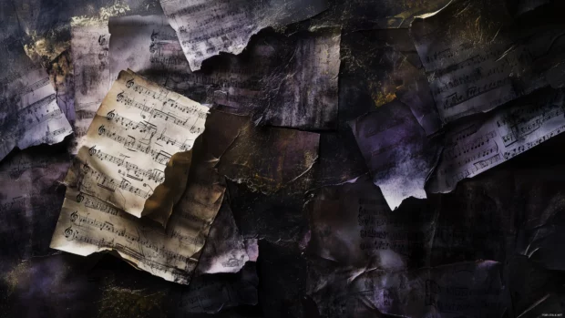 Textured background artistic arrangement crumpled and aged sheet music sheets scattered across hints of ink stains and musical notes peeking through.