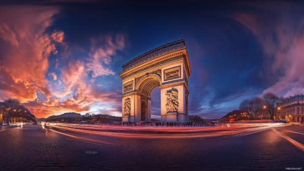 The Arc de Triomphe in a wide angle view, with bustling traffic and the grandeur of the Champs Élysées.
