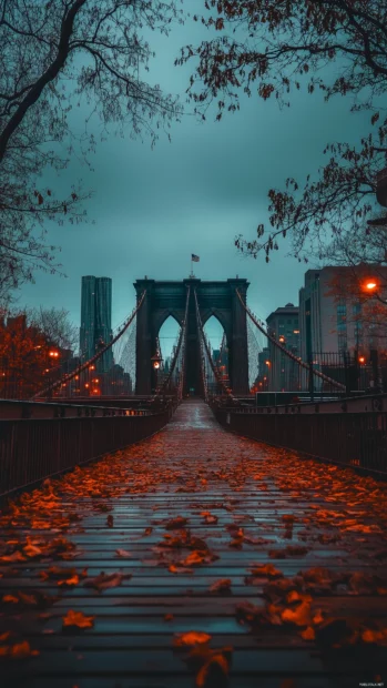 The Brooklyn Bridge with faint city lights in the distance, framed by a simple sky.