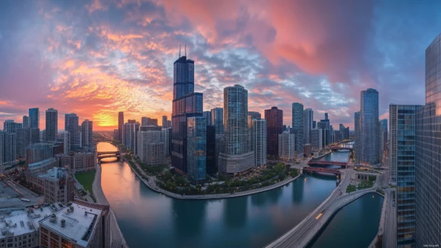 The Chicago downtown area captured in a panoramic shot, showcasing the Chicago River and towering skyscrapers.