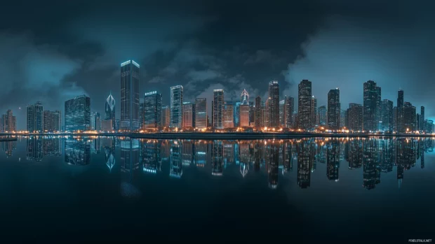 The Chicago skyline at night, with skyscrapers glowing and reflecting in the river, capturing the city's vibrant energy.