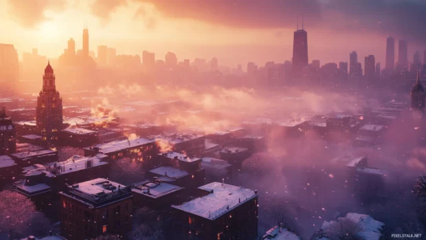 The Chicago skyline in winter, with a light dusting of snow on rooftops and the city bathed in soft light.
