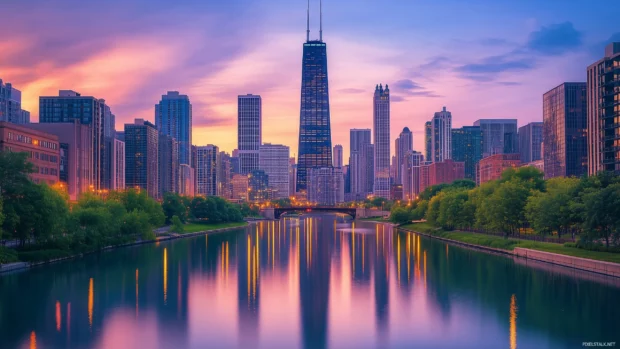 The Chicago skyline seen from the river, with the Willis Tower and other skyscrapers glowing in the golden hour light.