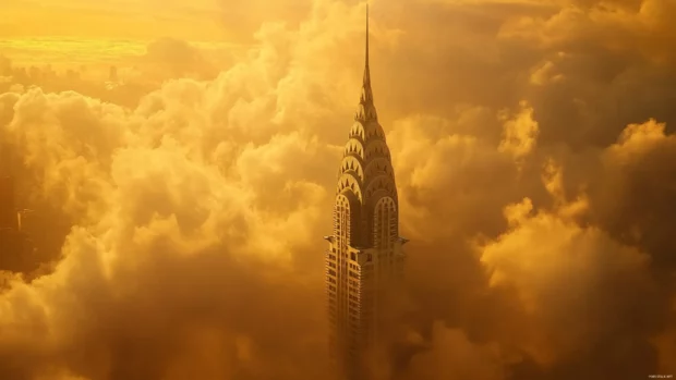 The Chrysler Building stands tall against a backdrop of golden clouds.