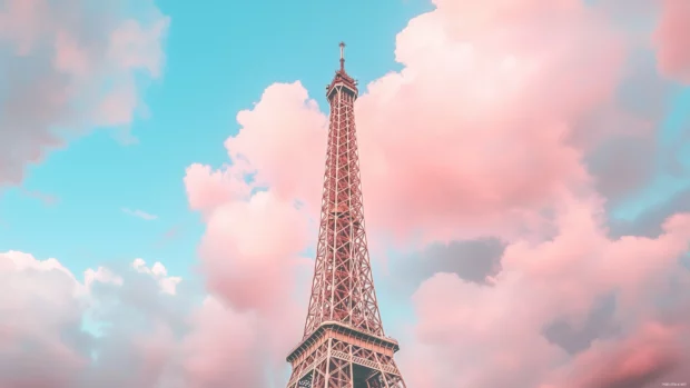 The Eiffel Tower in a simplified view, set against a pastel sky with minimal detail.