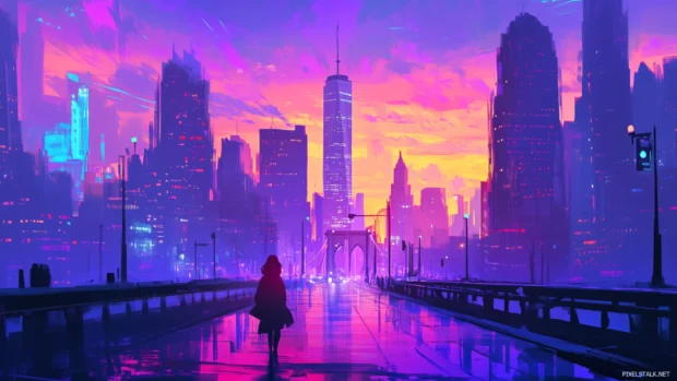 The New York City skyline seen from Brooklyn Bridge, with the towering skyscrapers silhouetted against a vibrant dawn sky.