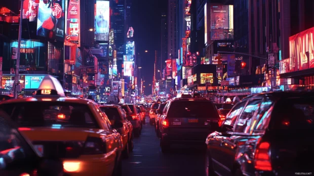 The Nighttime City bustling with cars and flashing signs.