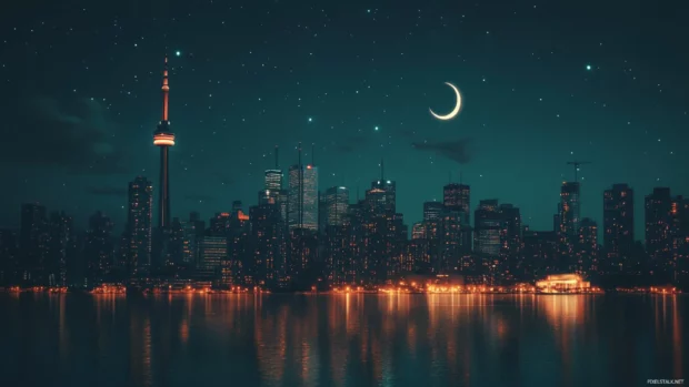 The Nighttime City glowing softly under a crescent moon.