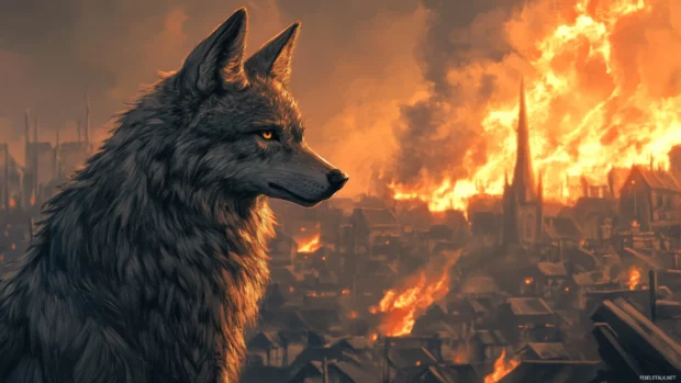 The anime wolf stands stoically in front of a burning village in this emotional wallpaper.
