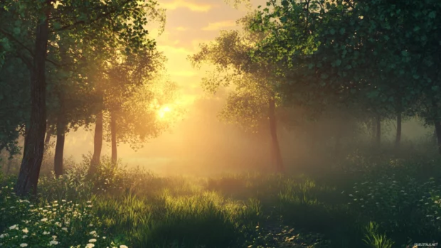 The awakening forest breathes under the rising sun.
