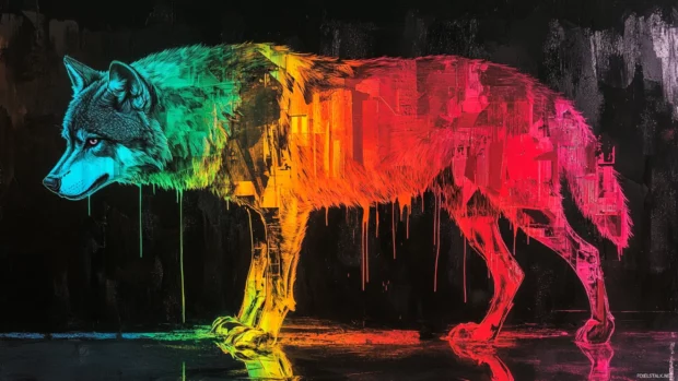 The body of the wolf fades into rainbow glass shards, reflecting neon street lights.