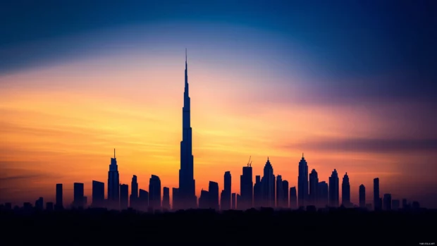 The city skyline silhouette stands at sunset, with a soft gradient sky.