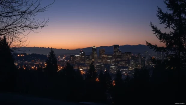 The city skyline stretches far under the twilight sky, with only a handful of lights visible.