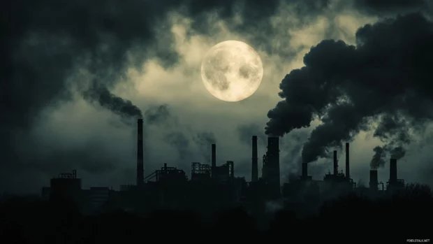 The dark city mirrors a dream of steel and smoke under the cloudy moon.
