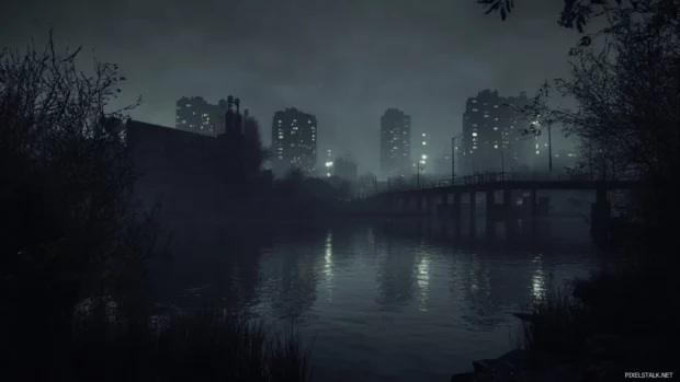 The dark city reflects off the riverbank, flickering with eerie calm.