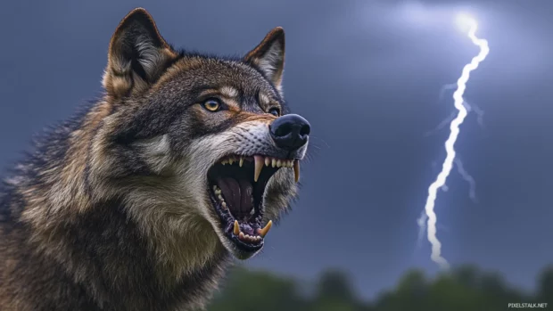 The enraged wolf looks skyward, mouth wide open as thunder roars above.
