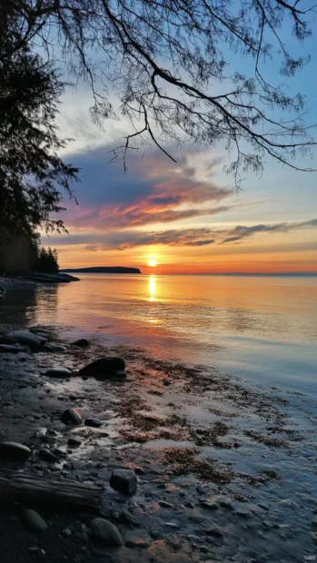 The first light of sunrise spills over the calm ocean horizon.