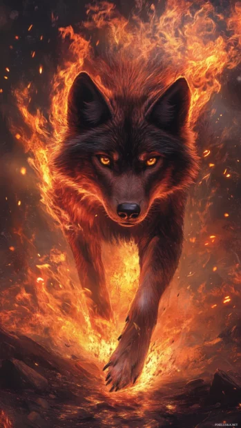The flames flicker around a young red wolf exploring a mysterious cave.