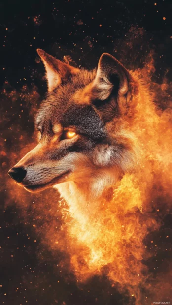 The flames rise around this glowing wolf.