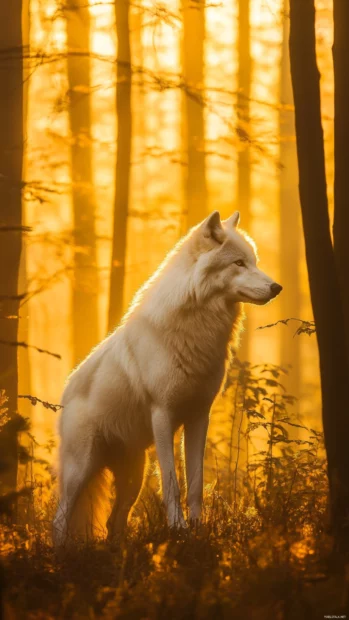 The forest glows behind a white wolf as sunbeams break through fog.