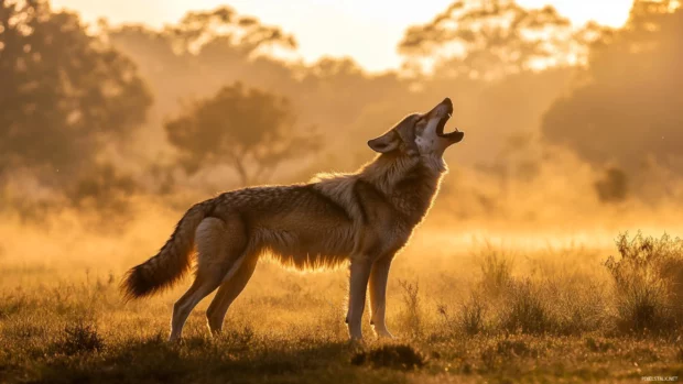 The full body of a wolf caught mid howl, with fur flowing from the wind and distant trees.
