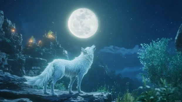 The full moon glows gently as a silver wolf howls in front of the night sky.