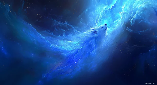 The glowing white fur shines under blue auroras in this cinematic white wolf wallpaper.